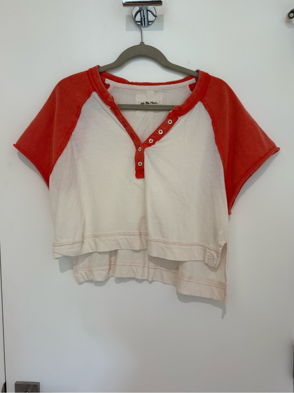 Free People Two-Tone Cropped Henley Top in Ivory and Red